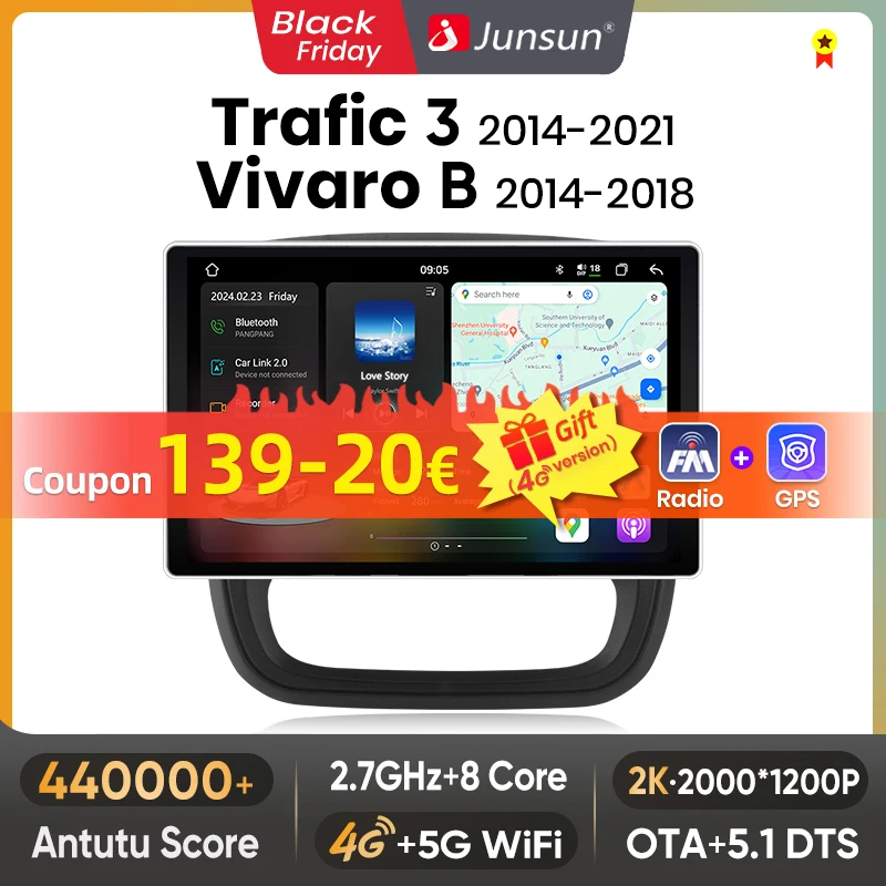 Junsun V3 Plus 2K Android 13 Wireless CarPlay Android Auto Car Radio For Renault Trafic 3 2015-2019 For Opel Vivaro B autoradio