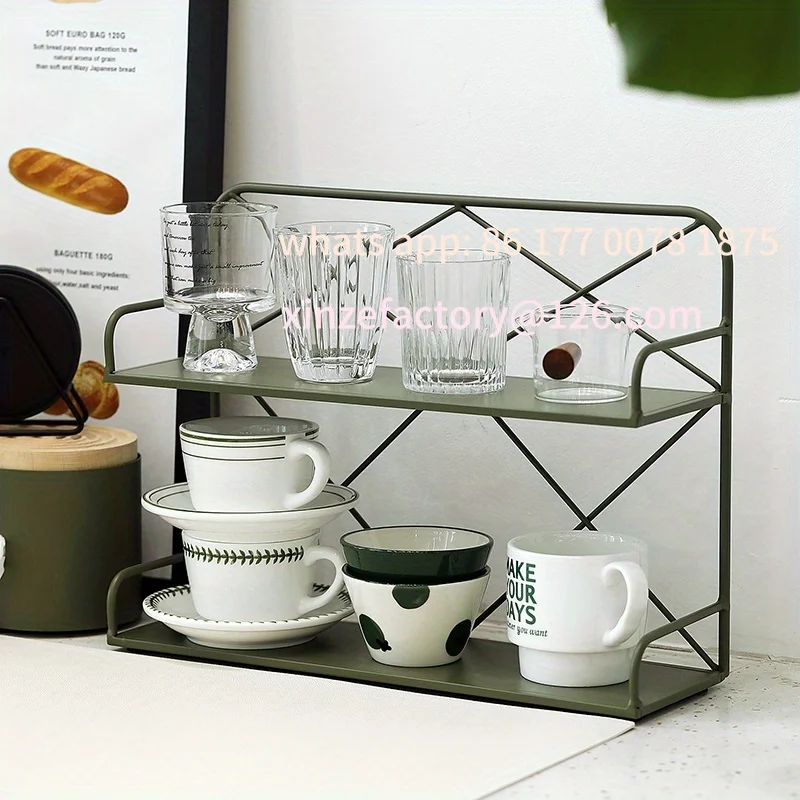 

Customizable Dark Green Wrought Iron 2-Tier Open Storage Rack - Multi-Purpose Kitchen & Bathroom Organizer for Cups