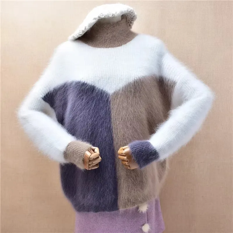 Vrouwelijke Vrouwen Herfst Winter Kleding Mode Angora Konijn Haar Gebreide Gebonden Lange Mouwen O-hals Losse Trui Jumper Pull