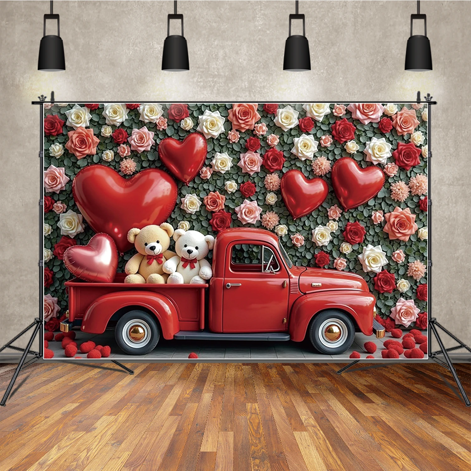 

MOON.QG Valentine's Day Photography Background Car Red Heart Teddy Bear Photocall Backdrop Couple Lover Studio Photobooth Sets