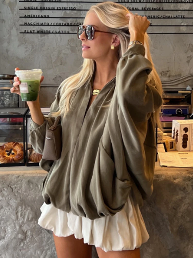 HXAO Dames Bomberjack Herfst Nieuw In Jassen Oversized Bladerdeeg Lange Mouwen Tops Ruches Losse Outerwears Mode Jassen - afbeelding 2