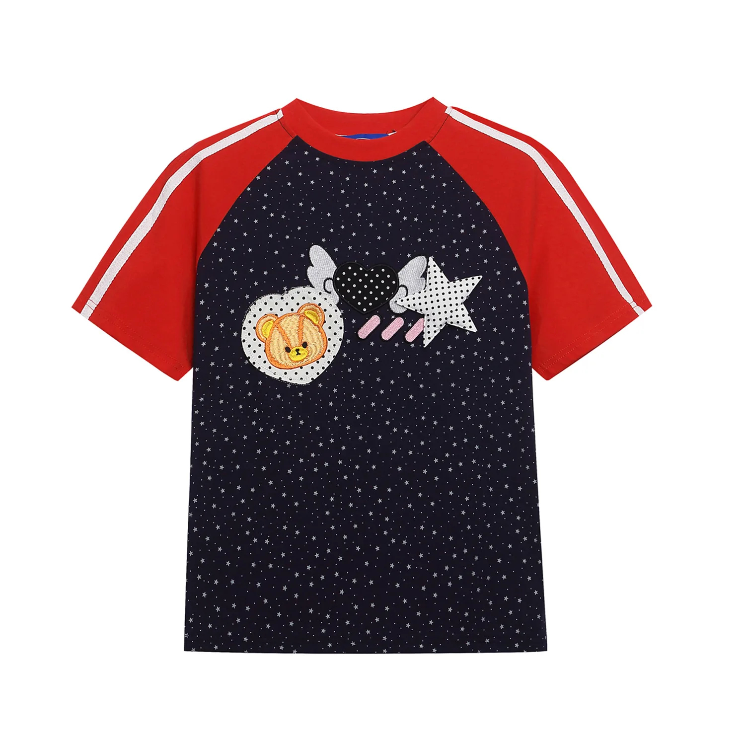 American Sweet and Cool Style Bear Love Embroidery Contrasting Color Ramp Sleeves Short-sleeved T-shirt Women's Summer Top