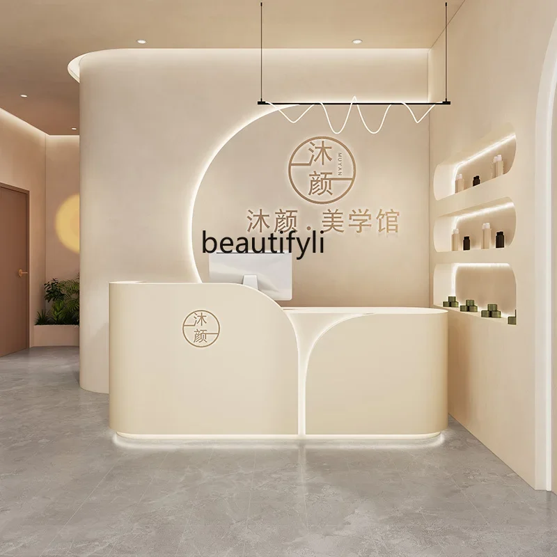 Cream wind clothing store checkout page curved store small bar table beauty salon medical beauty, simple reception desk