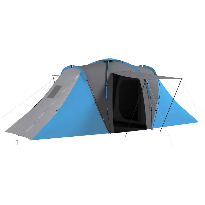 Grande tente de camping tunnel avec 2 chambres et une zone de séjour, imperméable 2000 mm, portable avec sac de transport pour 4-6 personnes, bleue, tente d'extérieur portable et durable, idéale pour le camping, la chasse et la randonnée
