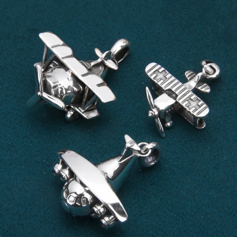 BOCAI NEW S925 Sterling Silver Personalized Creative Propeller Wheels Can Rotate Small Airplane Pendant Gift for Men and Women