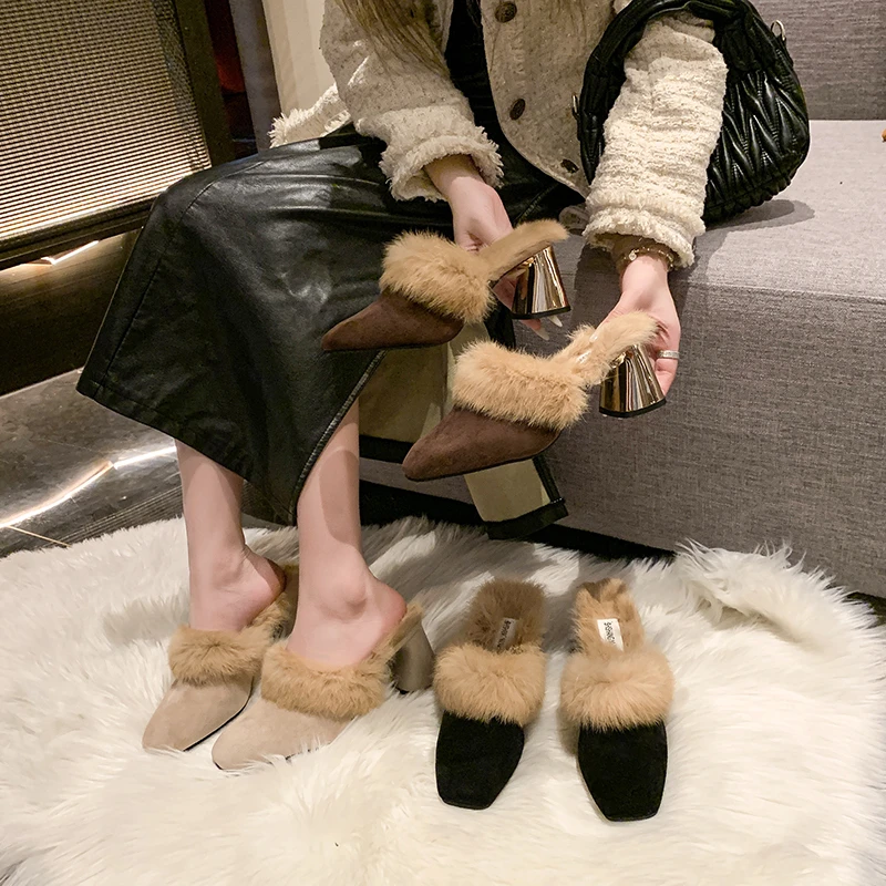 

Новинка 2024 года, удобные теплые тапочки на квадратном каблуке для отдыха и отдыха, зимние домашние шлепанцы с квадратным носком, роскошные женские домашние шлепанцы на меху на квадратном каблуке