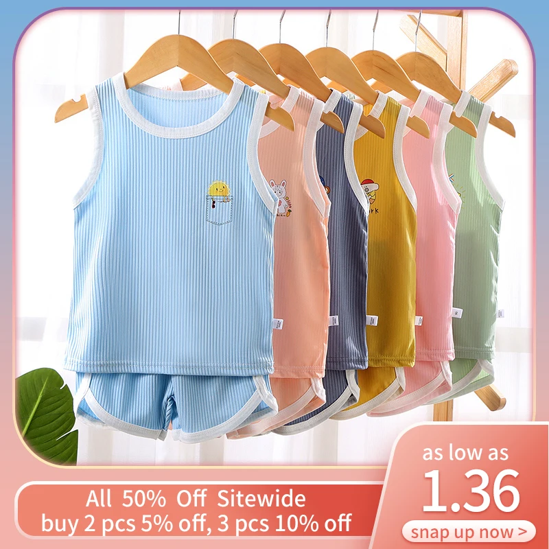 

2Pcs Baby Summer Clothes Soild Color Cotton Tank Top Short Sets Girl Boy Casual Cartoon Outfits Child Sleeveless Tees Clothing