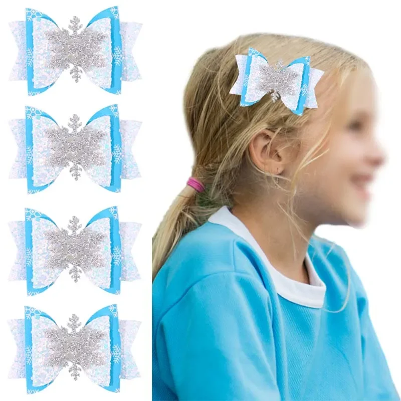 ncmama 2PCS Christmas Snowflake Bow Hairpins Sweet Girls Exquisite Glitter Snowflake Hair Clips Kids Barrettes Hair Accessories