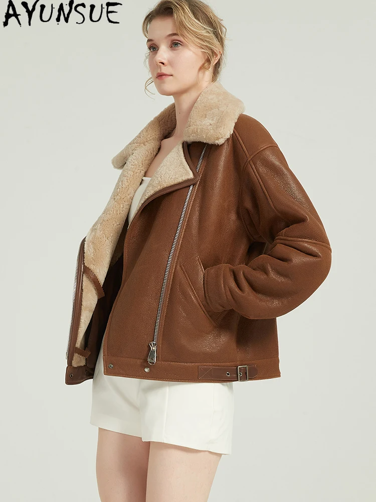 Ayunsue jaqueta de couro real de pele de carneiro feminina casaco de pele natural à prova de frio jaquetas de motocicleta mulher roupas de inverno 2025 streetwear