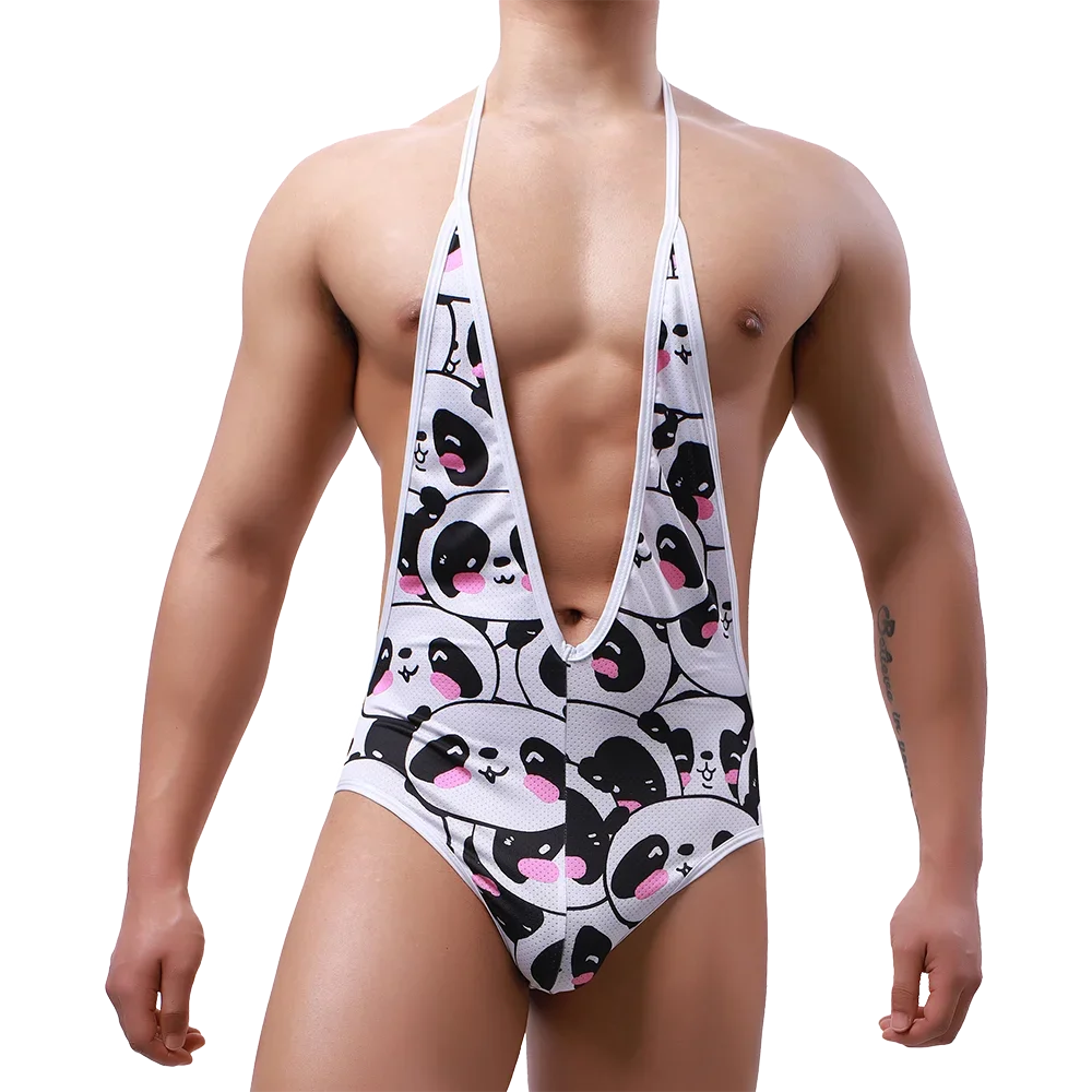 Lingerie Mens Undershirts Bodysuits Jockstrap Mesh Printed Open Butt Backless Gay Jumpsuits Wrestling Singlet Underwear Leotard