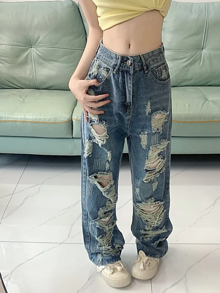 Lady Casual High Waisted Baggy Ripped Slouchy Jeans for Women Clothing Girls Fashion Denim Wide Leg Pants Female Clothes B2131