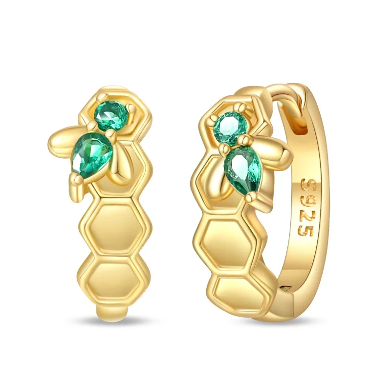 Bestseller 925 Sterling Silber Goldene Waben-Ohrringe Funkelnde CZ Zirkon Ohrringe Feiner Schmuck Geschenk zum Geburtstag und Jahrestag