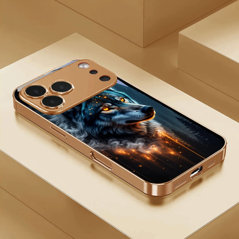 Coque de téléphone dorée électroplaquée Magic Wolf Spark pour iPhone 17Air 17 16 15 14 13 12 11 Pro Max Plus 16E XR 7 8 Xs X avec couvercle en verre