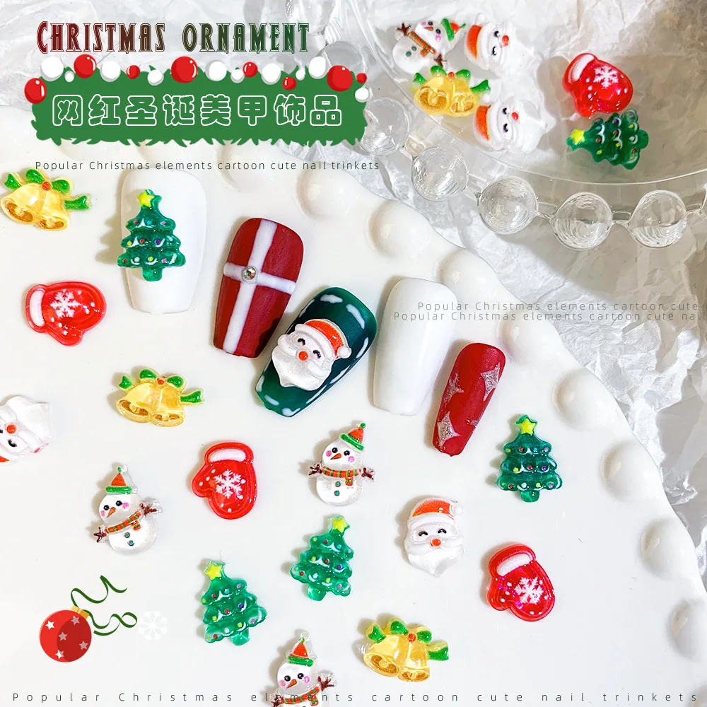 10pcs Mixed Christmas Nail Art Charms Cute Cartoon Santa Snowman Elk Design Manicure Jewelry Parts Winter Festival Nail Decorate