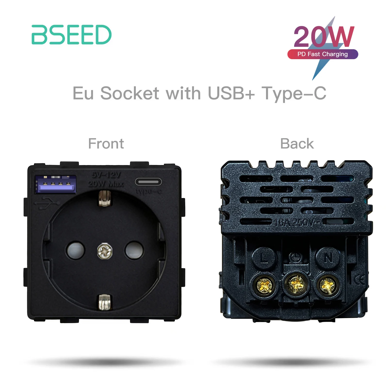 Bseed EU Standaard USB Type-C Socket Onderdelen Knopschakelaar Internet TV HDMI Satelliet Met Glazen Frame Zwart DIY Functie Onderdelen