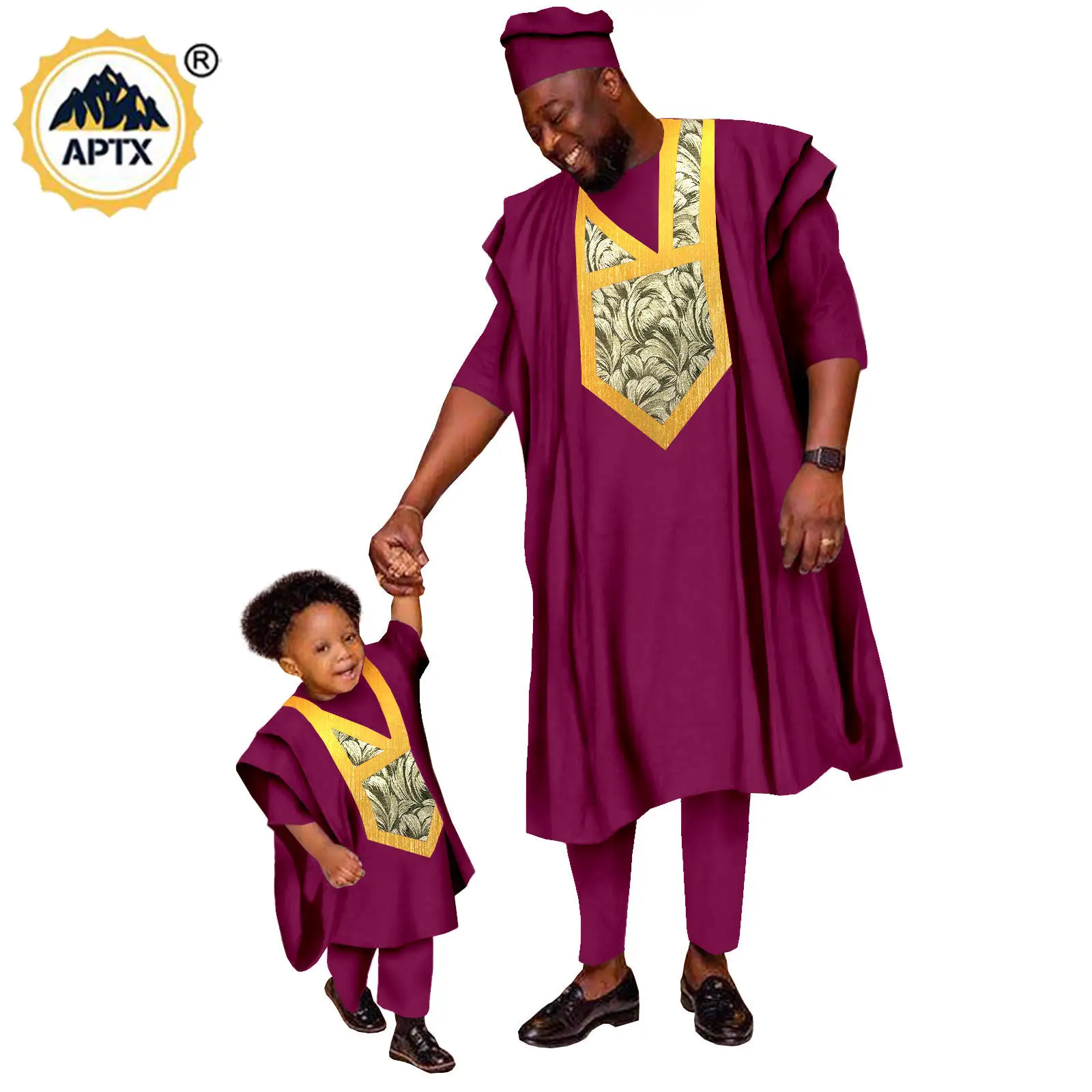 

African Men Clothes Dashiki Father and Son 3 Pieces Agbada Hat Robe Top and Pant Sets Matching Family Outfits Prom Dress 24F005