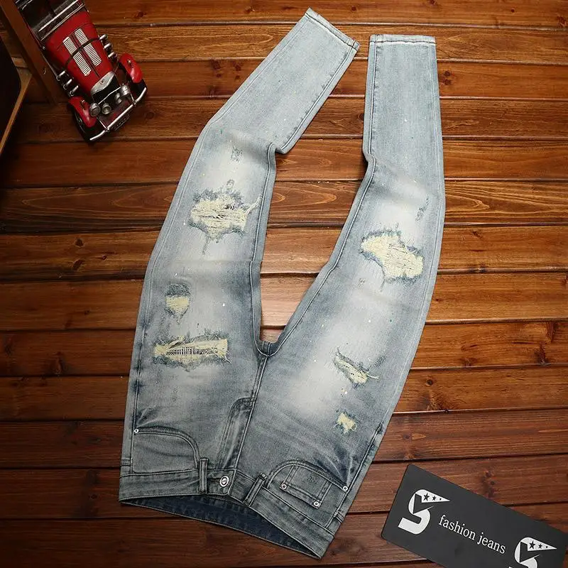 

Vintage Nostalgic Blue Jeans for Men with Rips and Patches, Slim Fit, Stretchy, Trendy, Casual Long Pants