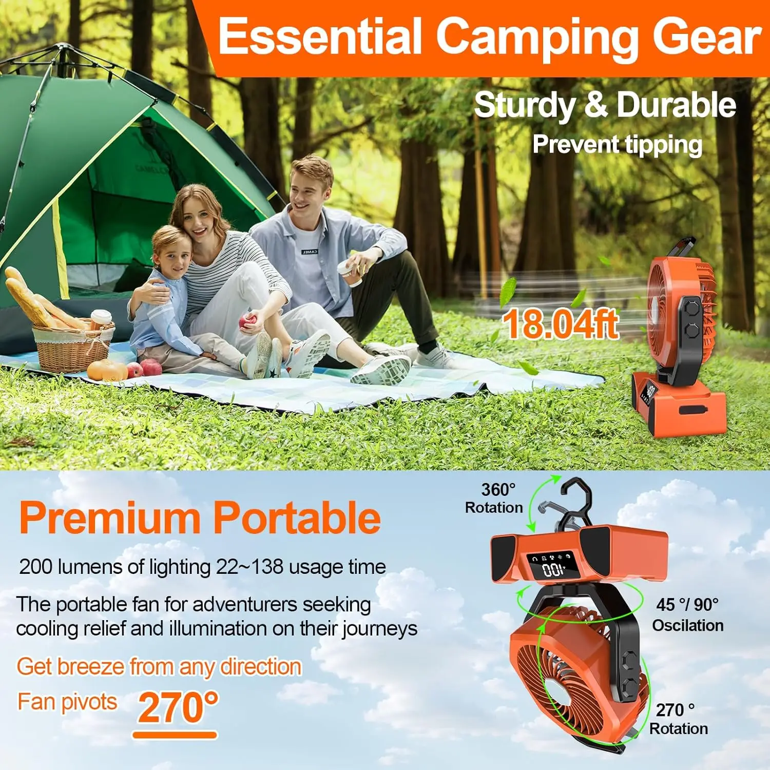 20000mAh بطارية عالية السعة مصباح ليد مروحة التخييم المحمولة اللاسلكية مروحة تبريد الهواء الدوائرية في الهواء الطلق Ventilador مع هوك