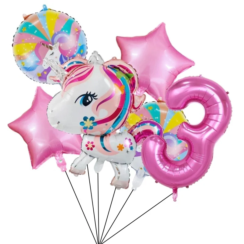 6Pcs Rainbow Unicorn Theme Foil Balloon Decor Baby Shower Boys Girls Birthday Party 1 2 3 4 5 6 7 8 9th Kids Toy Globos Supplies