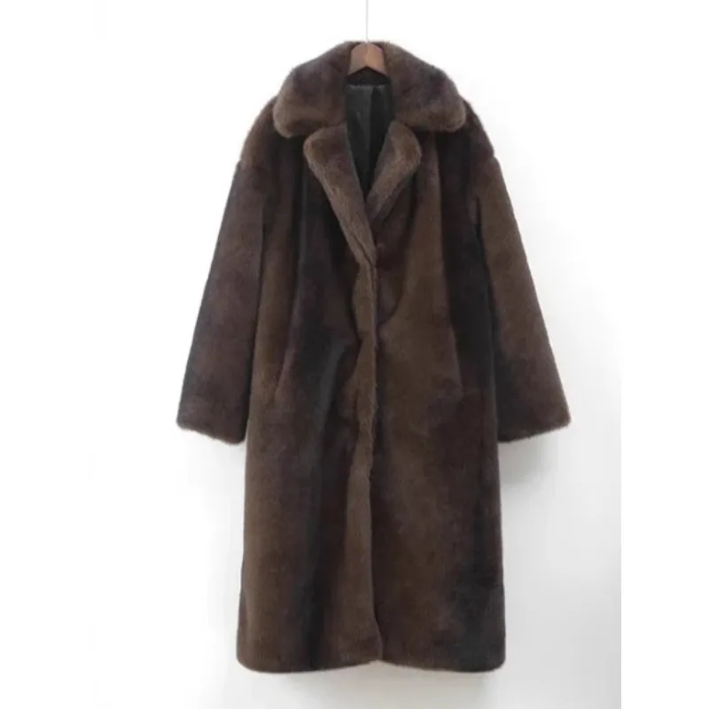 

Длинное коричневое норковое шуба женское зимнее теплое свободное пальто с лацканами