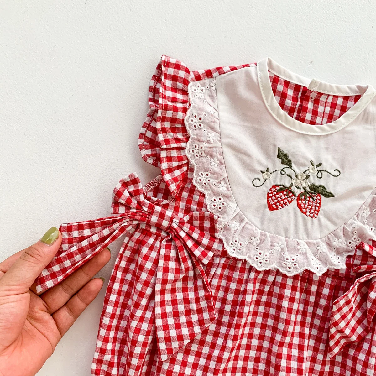 Infant Kids Girls Summer Fly Sleeve Bow Plaid Embroidery Flower Outfits Newborn Baby Clothing Jumpsuits Bodysuits Gift Headbands