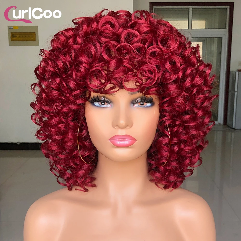 Curly Afro Wigs for Black Women Short Curly Wig with Bangs Kinky Curls Curly Hair Synthetic Wigs for African American Women