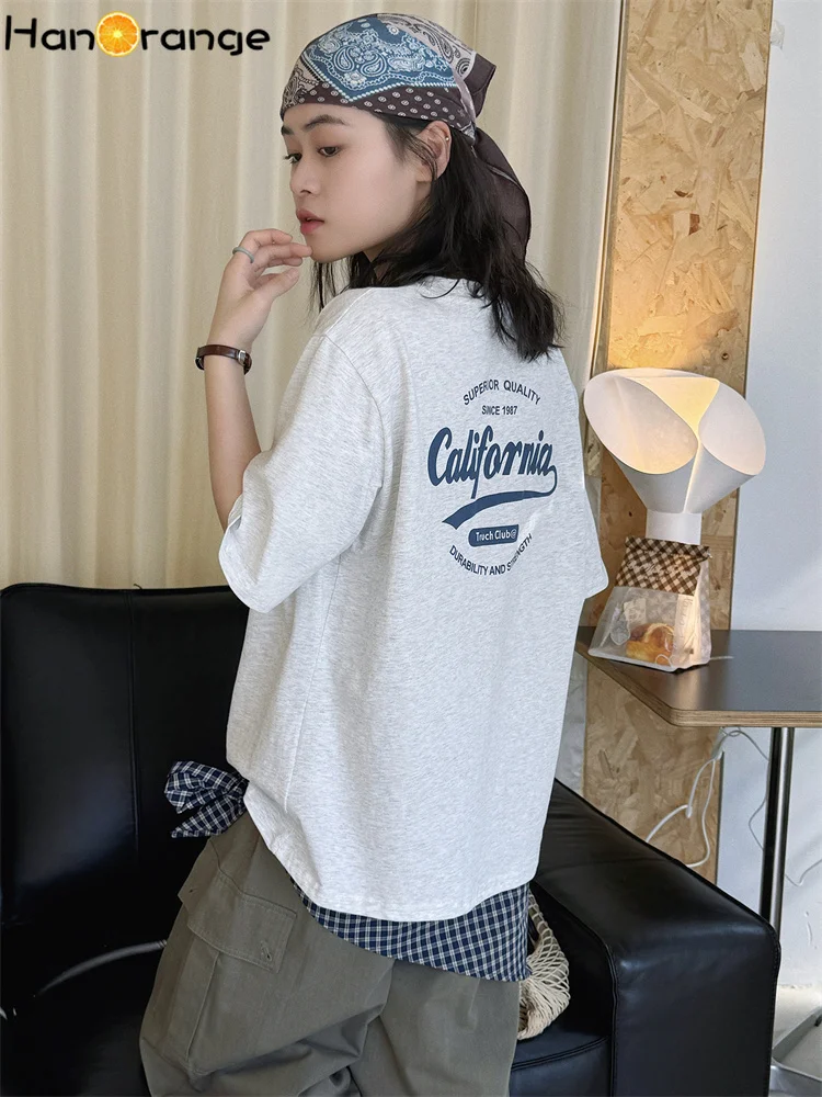 HanOrange 2026 Summer Simple O-Neck Letter Printed Shoulder T-shirt Loose Silhouette Tees White/Black/Gray/Light Blue