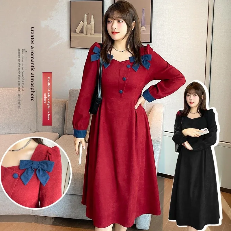 

Faionable Loose Long Sve Knot plus Size Korean Sle Dr Ele Bla Dr Spring Autumn A-Line Skirt