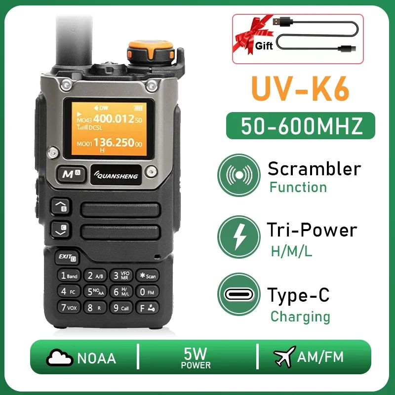 

Quansheng UV-K6 Walkie Talkie 50-600MHz полный диапазон приема Type C зарядка Air Band 5W DTMF Scrambler NOAA каналы UV-K58 радиостанции