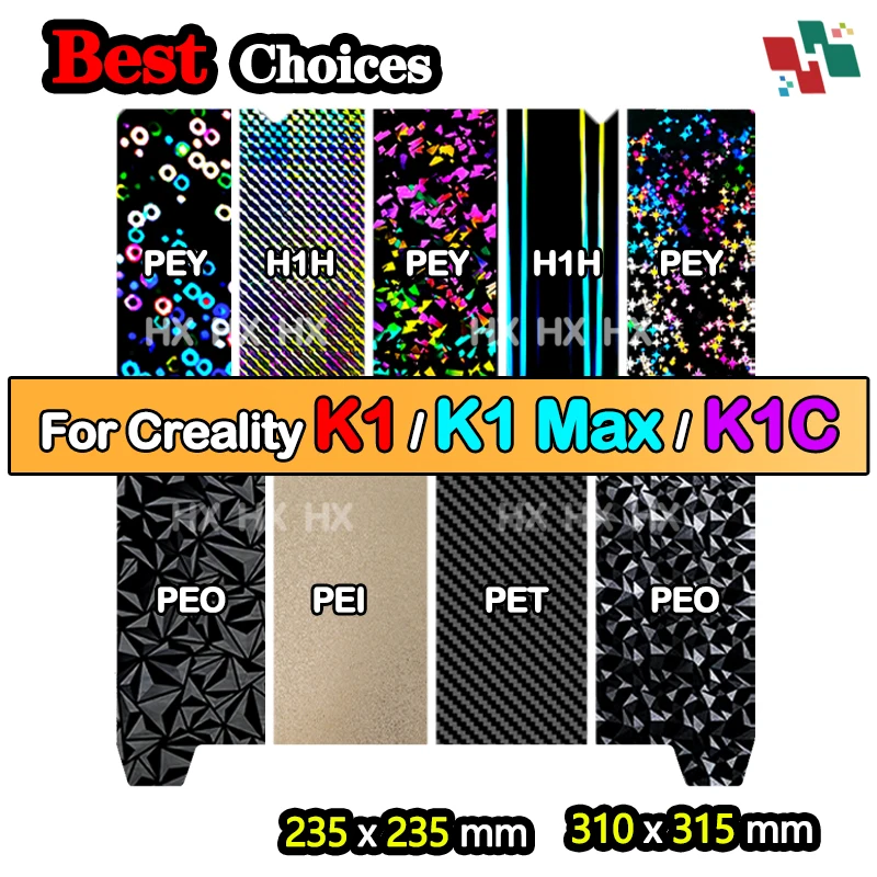 

Для Creality PEI Build plate 235x235 мм для Creality K1 и для K1C/K1 MAX Build Plate / PET / PEO 310x315 мм