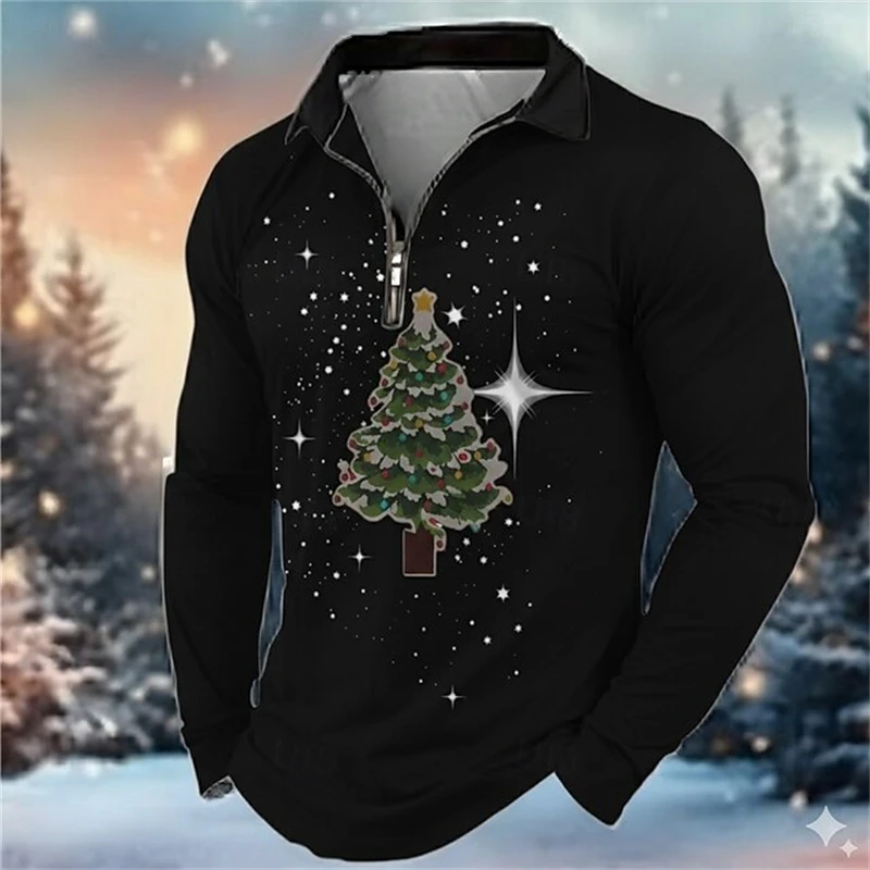 الرجال عيد الميلاد على غرار سحاب أكمام طويلة قميص بولو ثلاثية الأبعاد الكرتون شجرة عيد الميلاد نمط مريح تنفس قميص رجالي #2
