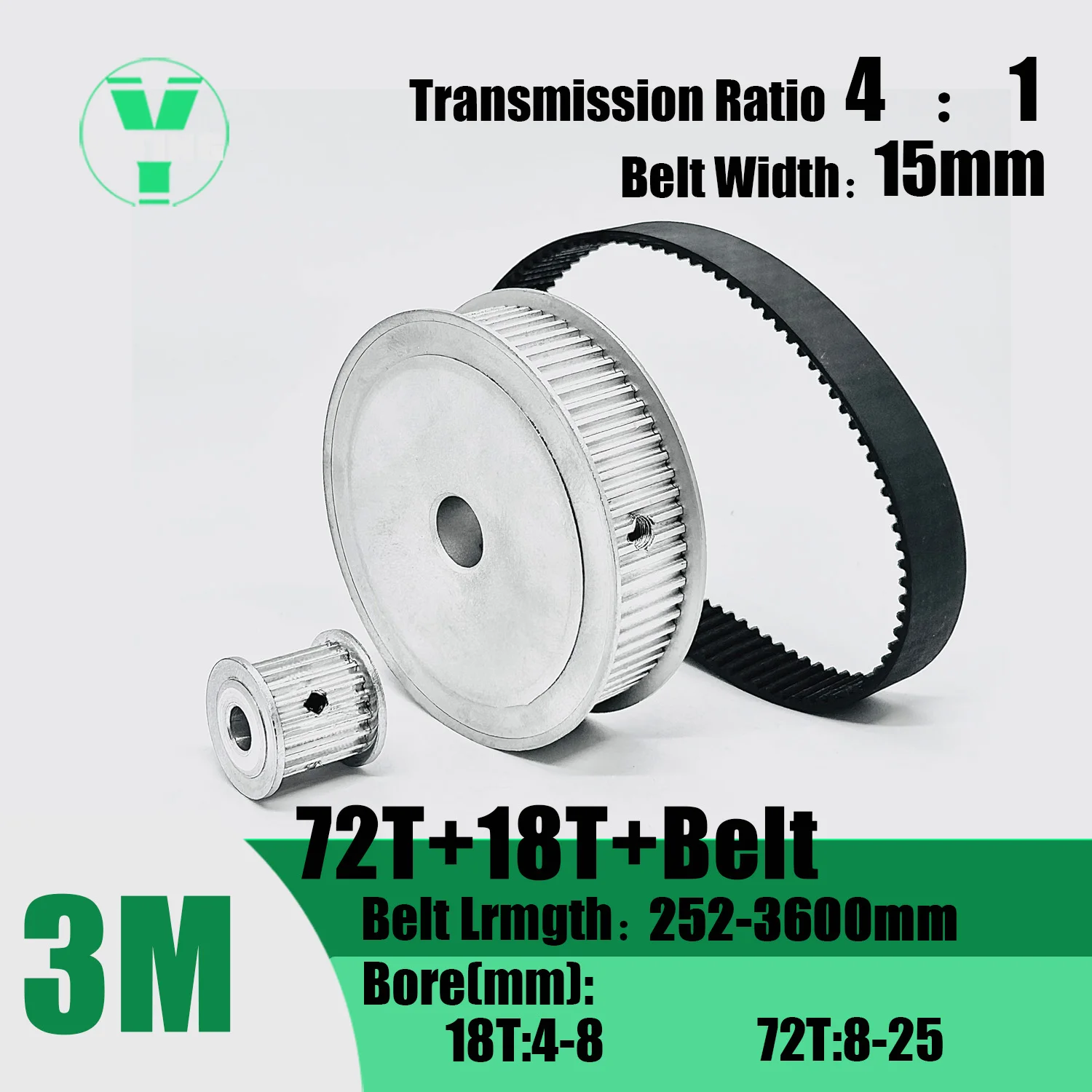 HTD 3M 18T 72Teeth Timing Pulley Belt Set Belt Width 15mm Bore 4~25mm Reduction 4:1 Deceleration 3M Pulley Kit Synchronous Wheel