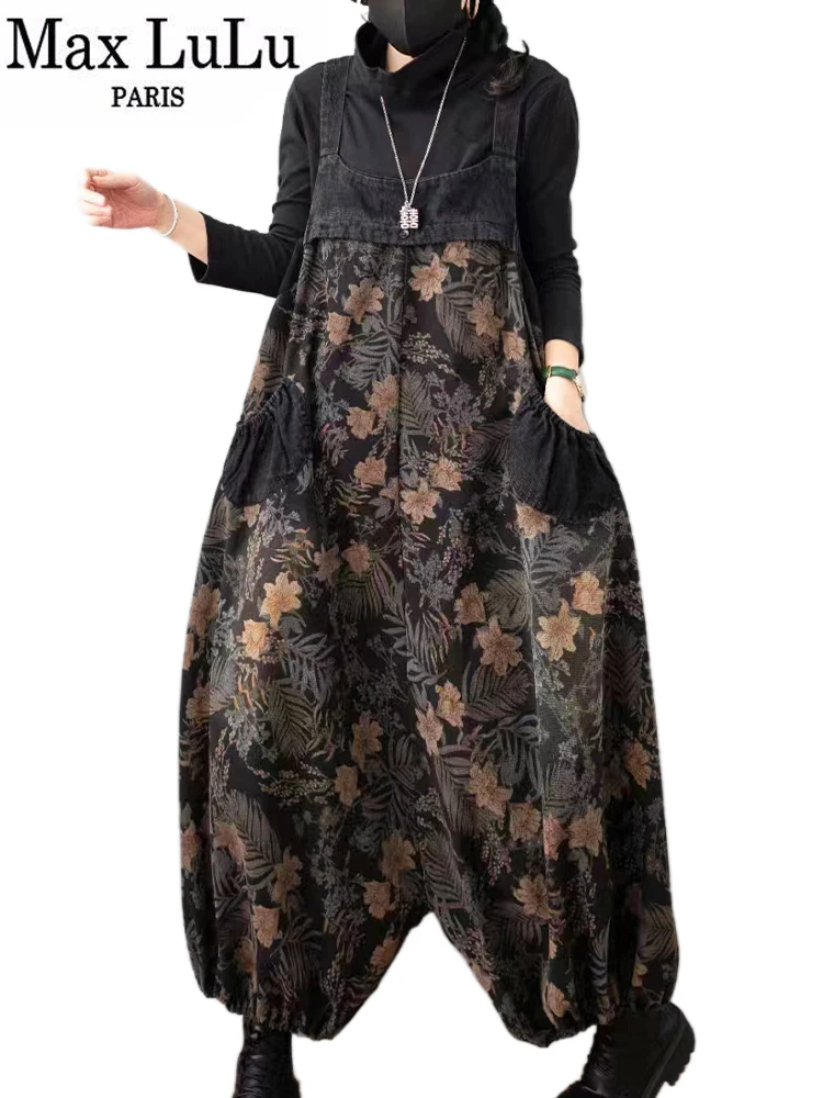 Max LuLu 2024 Spring Vintage Streetwear Womens Floral Printed Black Jeans Oversized Denim Overalls Ladies High Waist Harem Pants