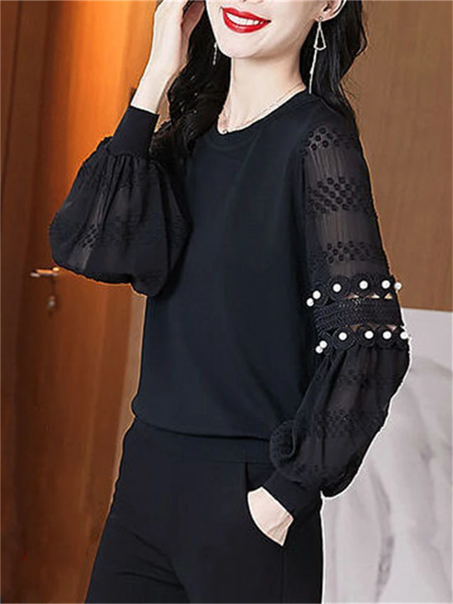 

Women Spring Autumn Blouses Shirts Lady Fashion Casual Long Sleeve O-Neck Collar Sexy Lace Blusas Tops TT2484