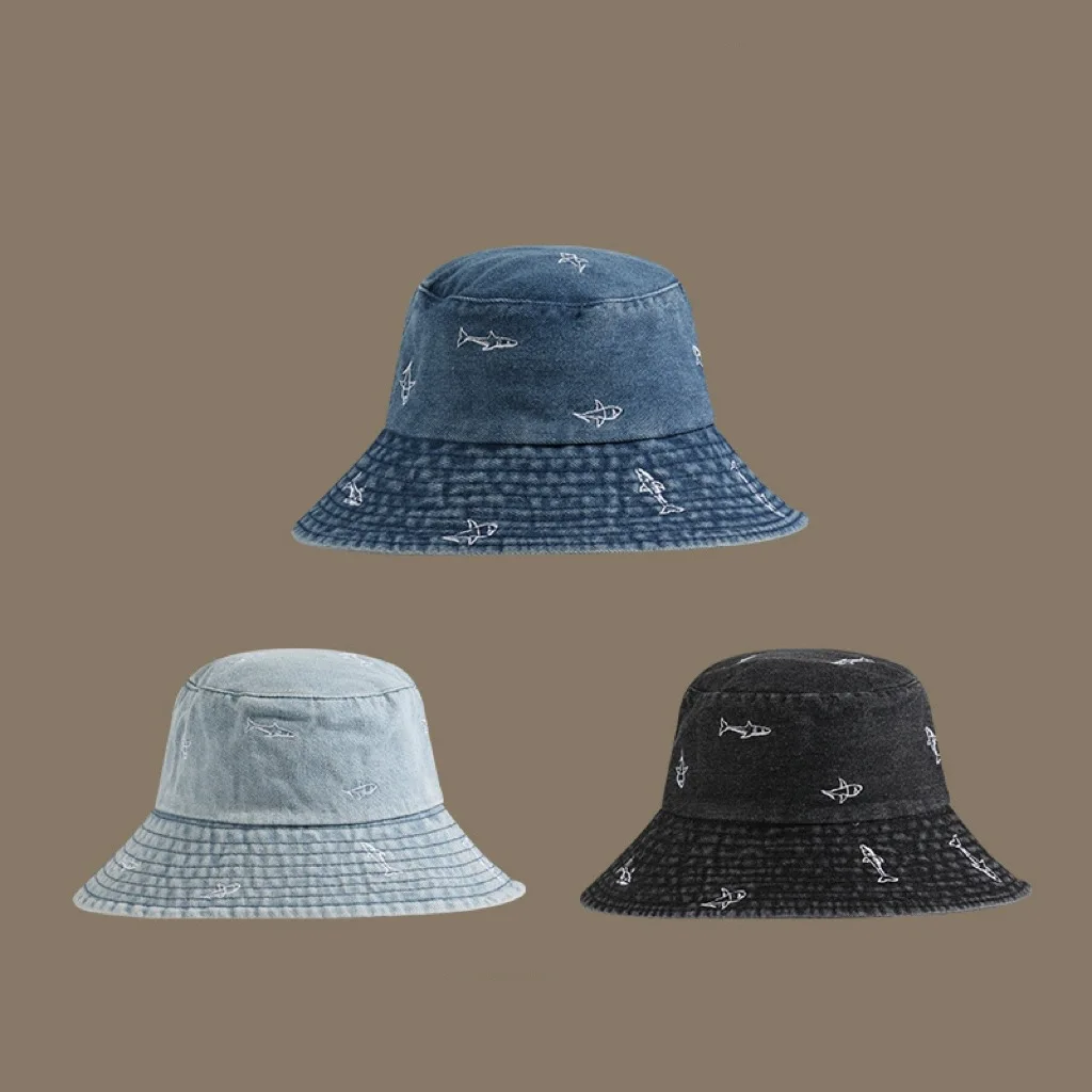 New Unisex Summer Bucket Hat For Women Embroidery Fish Washed Denim Cotton Fisherman Cap Girls Outdoor Simple Best Matched Hat