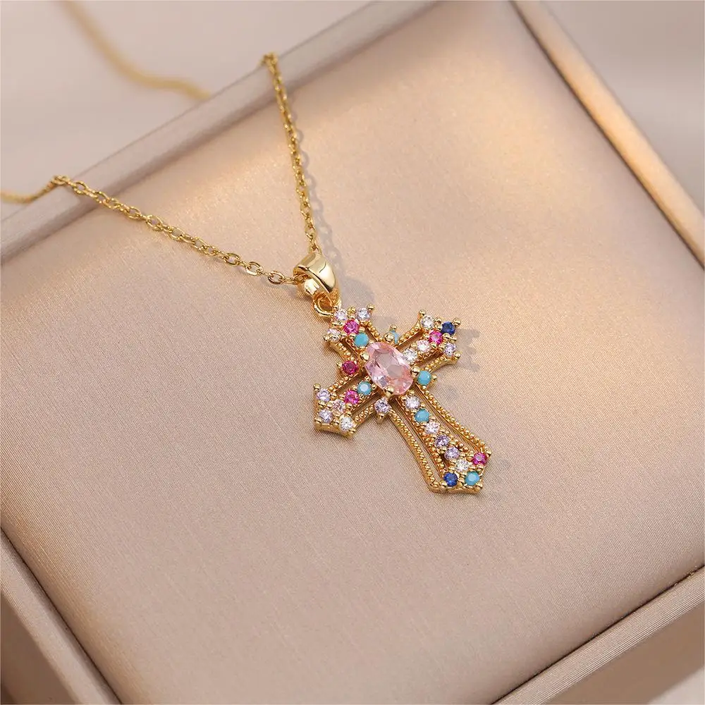 Y2K Style Jewelry Necklace Set with Colorful Round Small Rhinestones and Pink Drop-shaped Large Rhinestone Cross Necklace