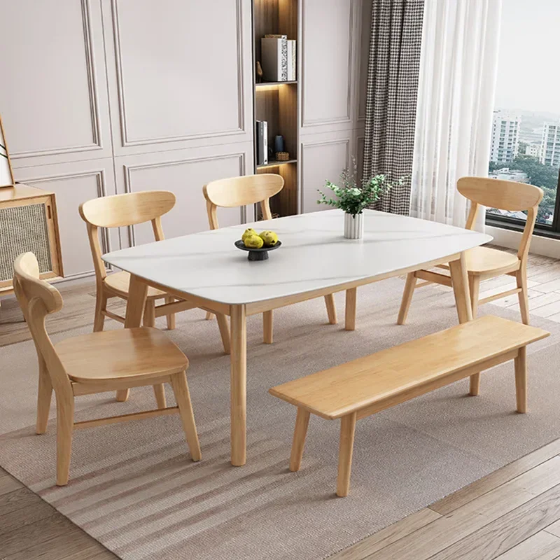 

Nordic Solid Wood Stone Plate Dining Table Home Modern Simple and Light Luxury White Rectangular Dining Tables and Chairs Set