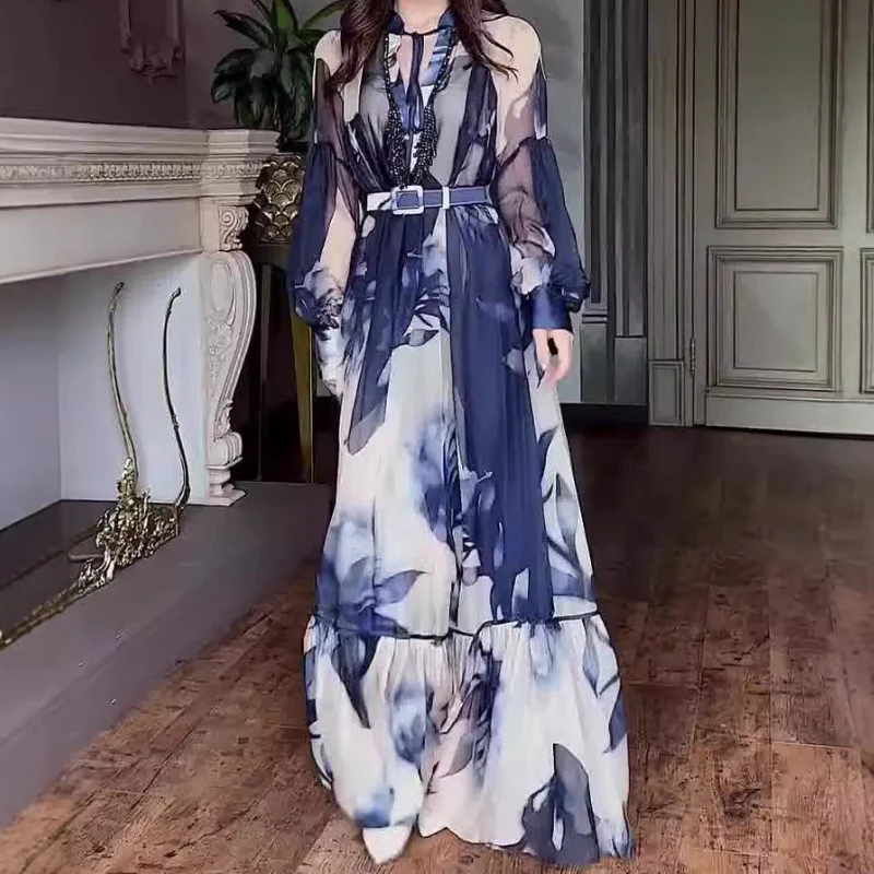 

Fashion Spliced Lace Up Loose Dresses for Women Elegant Stand Collar Long Sleeve High Waist Temperament Maxi Dress Female Robe