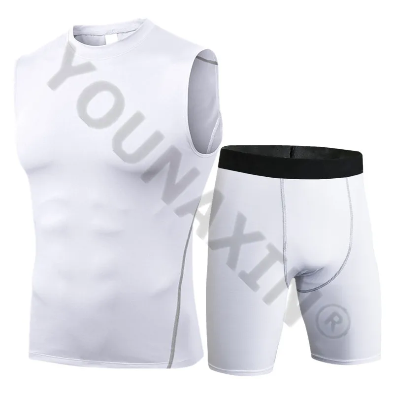 Men Cycling White Tight Vest Yoga Long T-Shirt Shorts Cropped-Pants Trouser Gym Running Fitness Training Basketball Sportswear