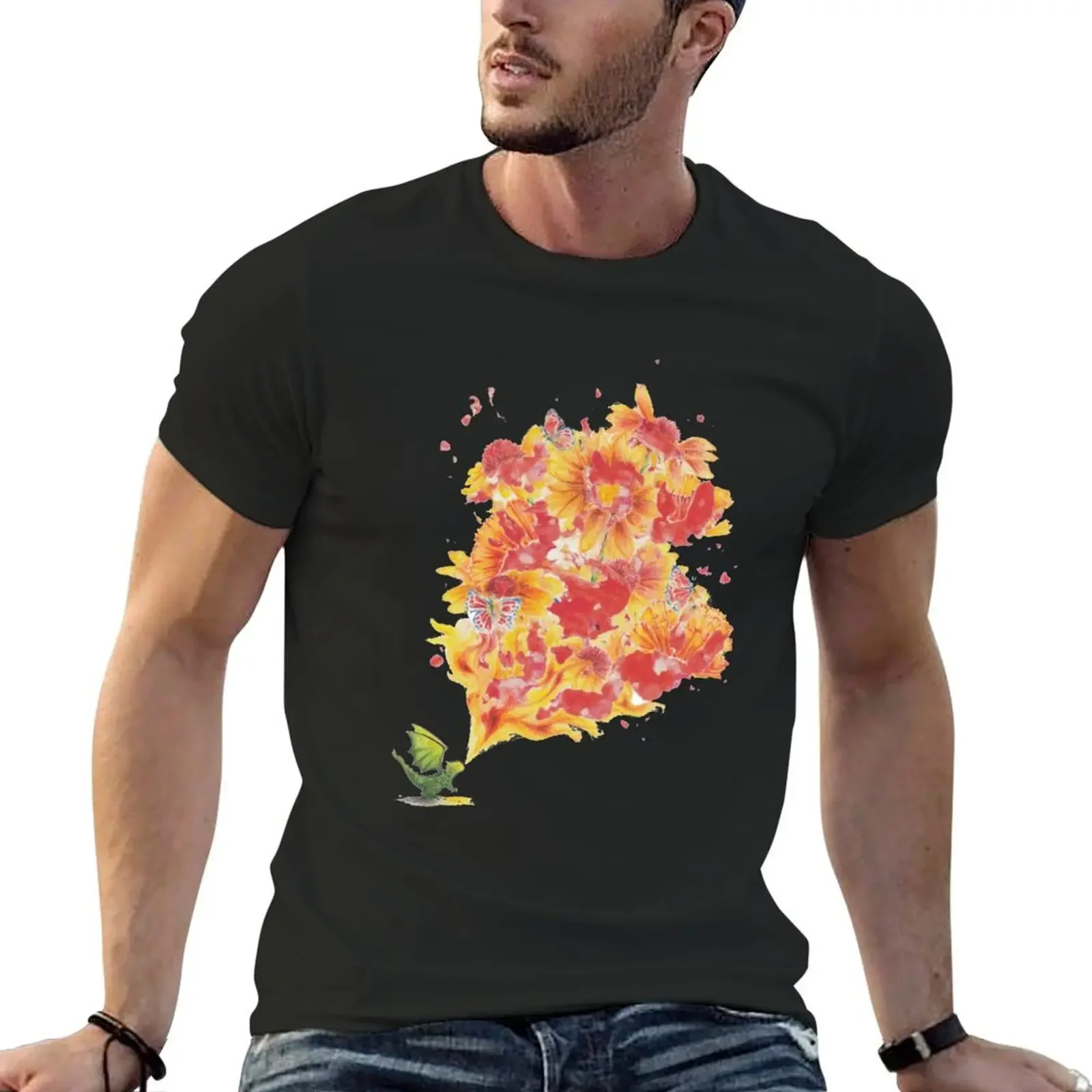 

Dragon breathing fire flowers T-Shirt boys animal print graphics blanks funny t shirts for men