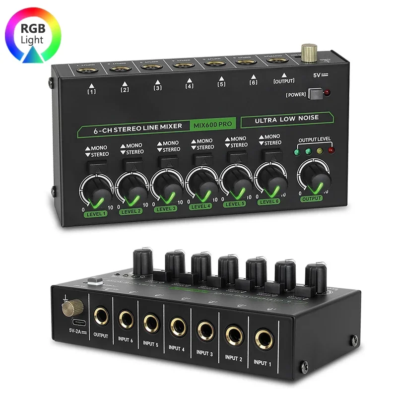 

6 Channel Ultra Low Noise Stereo Mono Line Mixer Mini Sound Mixer Type-C DC 5V Audio Processor for Guitar Bass Keyboard Stage
