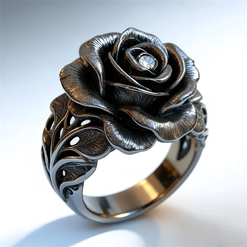 Vintage-Ring mit eingelegten weißen CZ-Rosenblüten für Damen, trendige schwarze Farbe, handgeschnitzt, für den täglichen Gebrauch, Party-Schmuck, Jubiläumsgeschenk