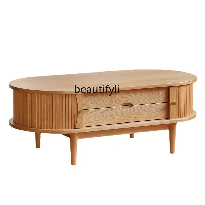Q181  Nordic Coffee Table Oval Japanese Style Solid Cherry Wood Simple Modern Living Room Vintage Solid Wood Furniture