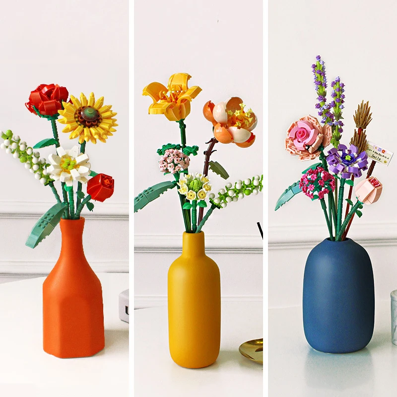 Mini Boeket Bouwstenen Romantische Rose Chrysant Ingemaakte Bloemstuk Ornamenten Diy Montage Speelgoed Vakantiegeschenken