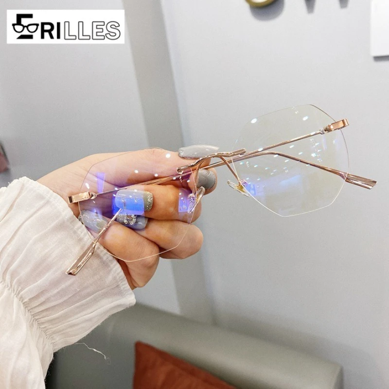 Anti-Blaulicht-Brille, rahmenlose Brille mit klaren Gläsern, geometrisches unregelmäßiges Design, Computer- und mobile Nutzung, Ins Chic
