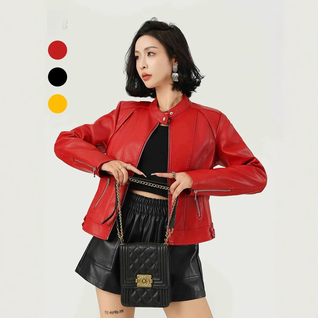 

Faionable Red PU Leather Jaet Women's ort Coat Stand Collar Spring Autumn Thin Sle Chinese Brandl Fem Outerwear