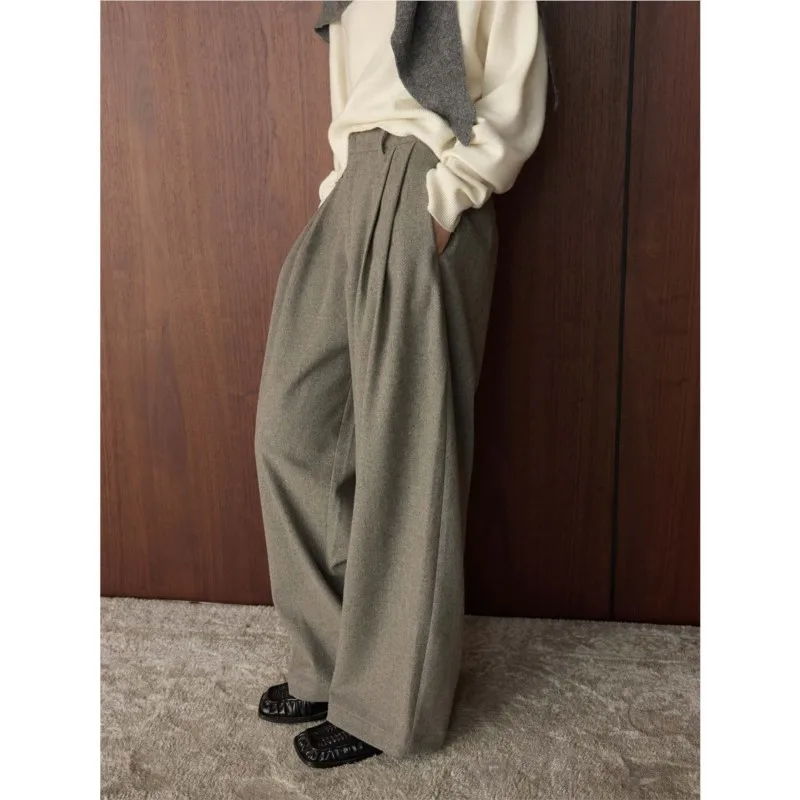 سراويل جوهنيتشر الفرنسية الأنيقة غير الرسمية فضفاضة عالية الخصر للنساء سراويل شتوية جديدة متعددة الاستخدامات وبسيطة واسعة الساق