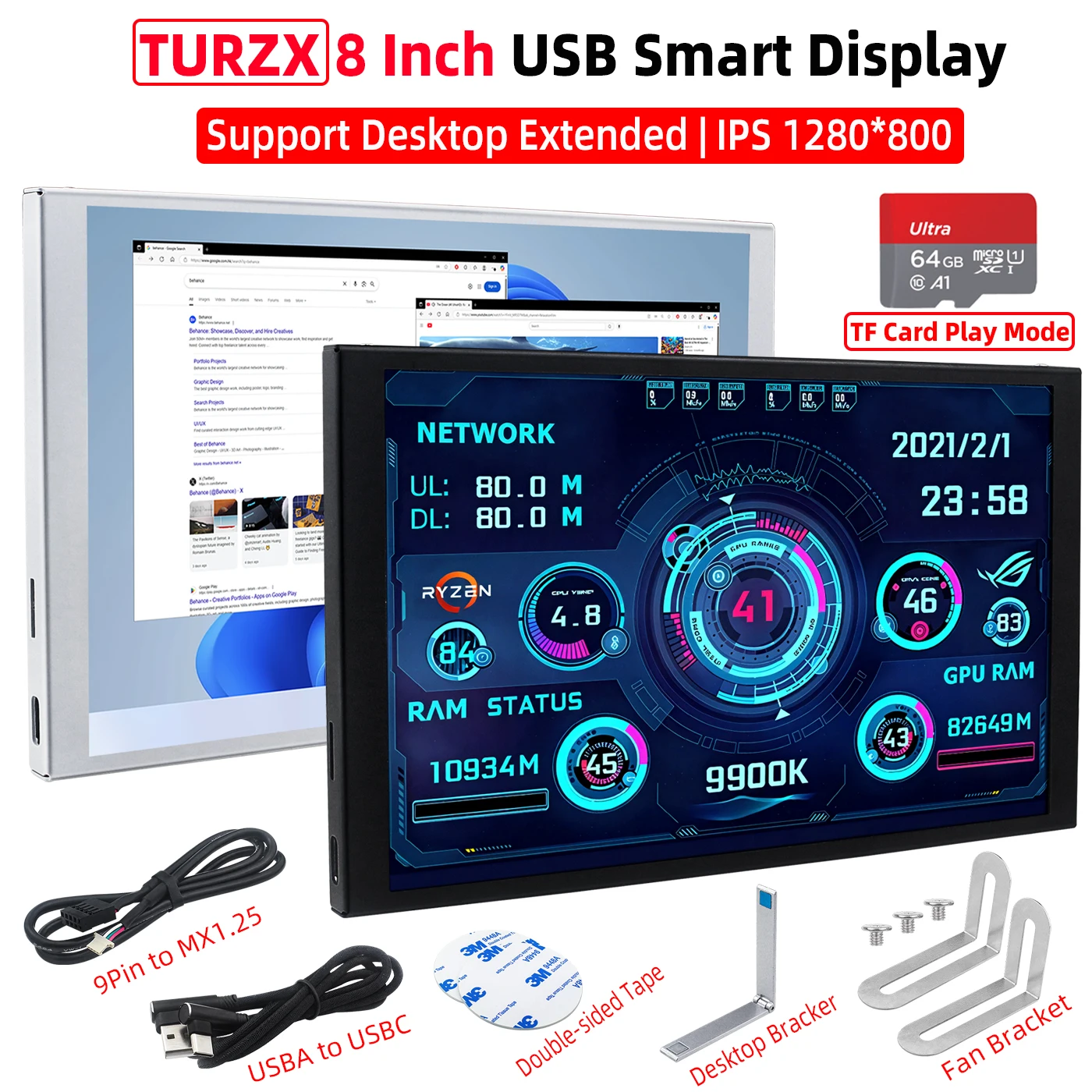 TURZX 8 Inch Portable Display USB Chassis Secondary Screen 1280*800 LCD Support Desktop Extended Mode Play Via TF Card NO AIDA64