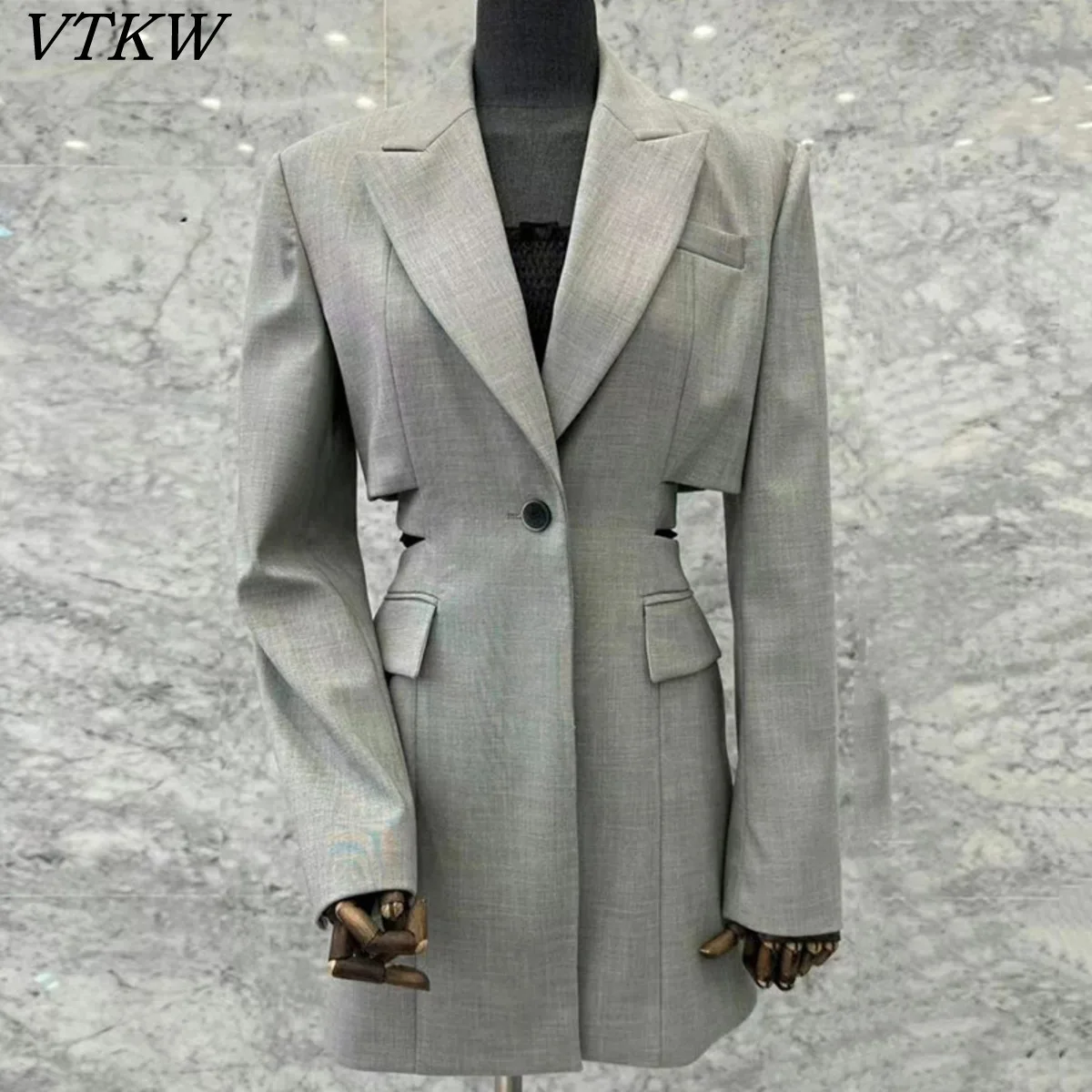 

VTKW 2026 Новый женский серый укороченный блейзер с вырезами, на одной пуговице, с лацканами, с длинными рукавами, элегантный, для торжественных мероприятий