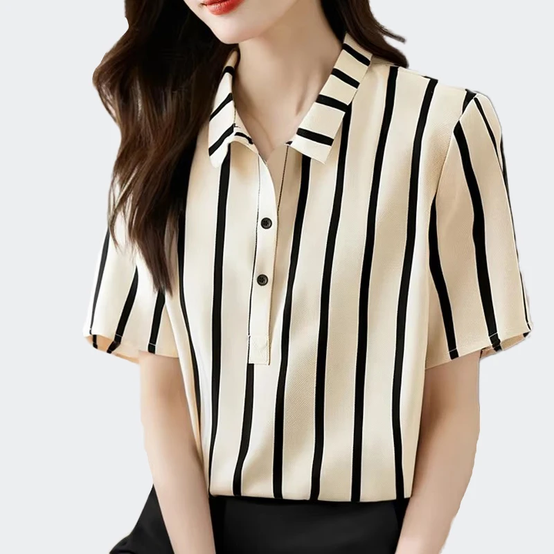 

Women's Summer Stripe Printed Shirts Short Sleeved Blouses Lapel Button Ladies Streetwear Clothing Fashion Casual Social Tops